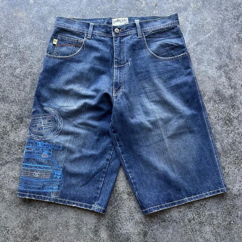 Y2K 2000s Pelle Pelle Baggy Cadillac Escalade Embroidered Denim Shorts Jorts